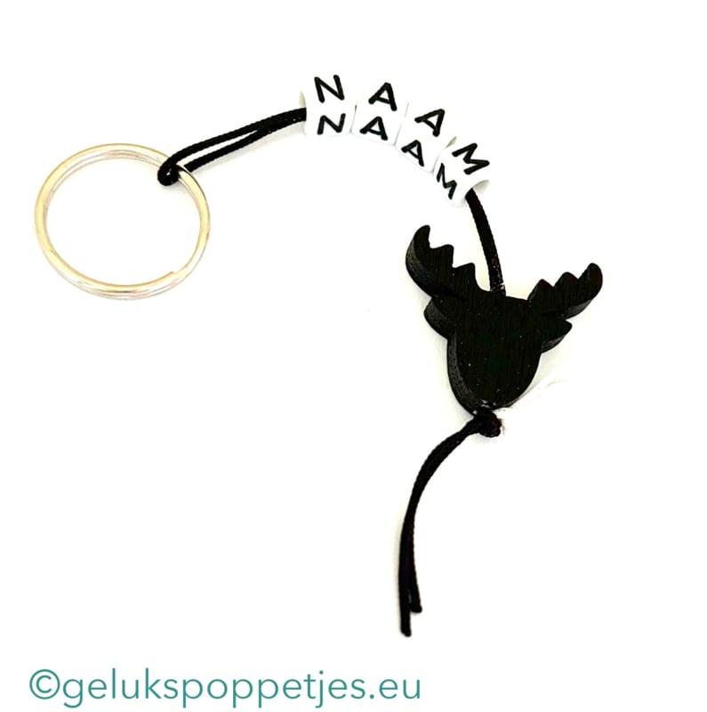 Name keychain with flat lucky reindeer figure black